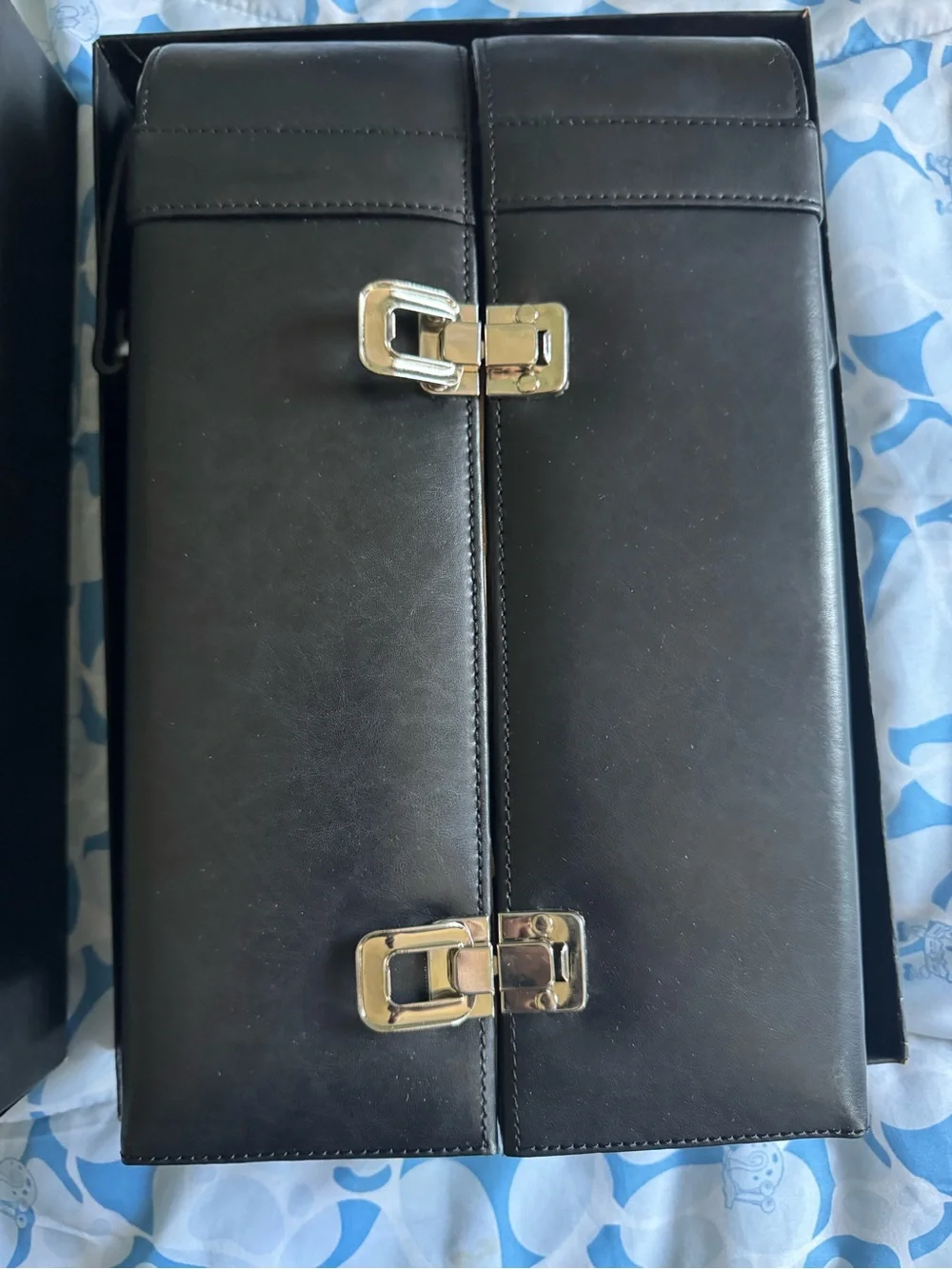Executive black leather two bottle travel carrier case